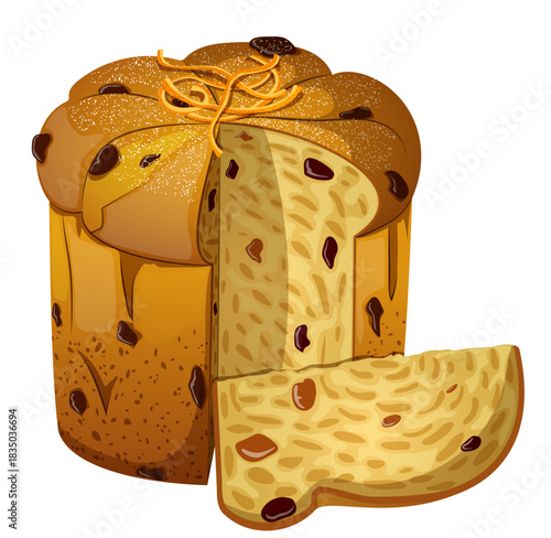 Italian Panettone Christmas Sweet Bread with Candied Orange Peel, Raisins and Sugar Dusting Cutout with Slice Pulled Out Vector Illustration