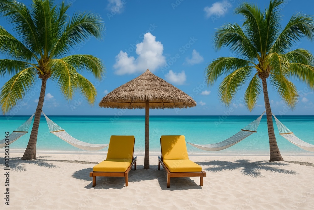 Obraz premium Tropical beach with palm trees, yellow lounge chairs, hammocks, and straw umbrella under blue sky and turquoise sea, perfect summer vacation concept. Ai generative