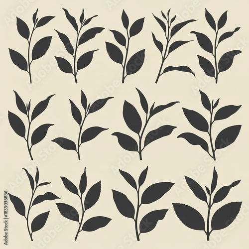 A set of tea leaves silhouettes on a beige background, depicting various angles and arrangements, perfect for illustrating tea cultivation, herbal remedies, or natural beauty themes.