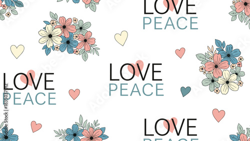 Seamless pattern with delicate floral bouquets and the words love and peace surrounded by hearts.
