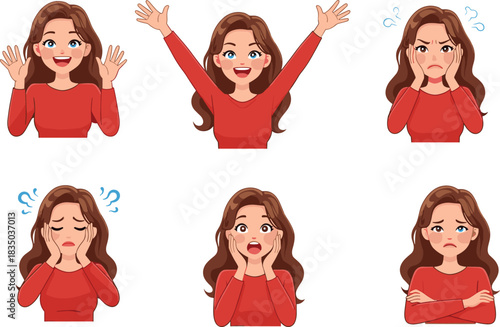 Cute cartoon girl character showing happy surprised angry stressed scared sad emotions, expressive female face, emotional reaction vector illustration