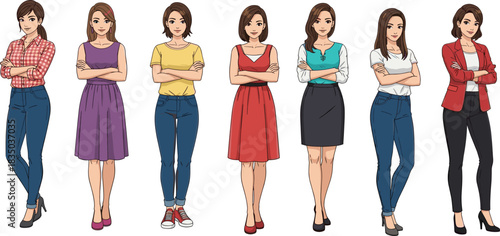 Diverse women characters standing with arms crossed, casual and office outfits, vector illustration set, stylish female avatar poses