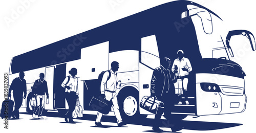 Passengers with luggage boarding a tour bus vector illustration