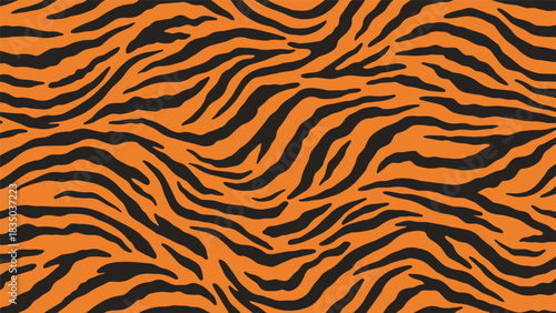 Seamless pattern of black tiger stripes on an orange background, evoking wild nature and fashion prints.