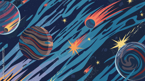 Abstract illustration of planets and comets in a stylized cosmic landscape with a dark blue background.