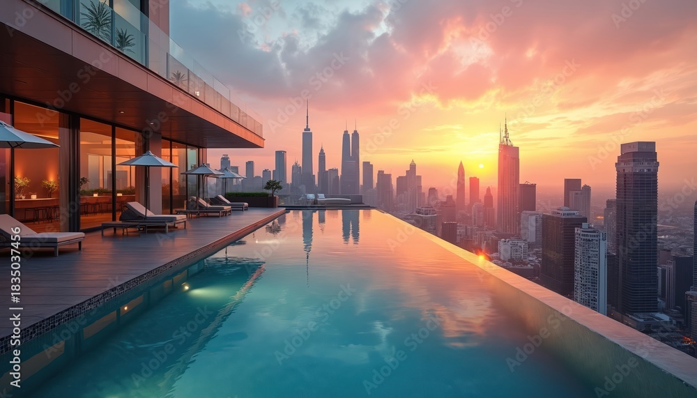 Naklejka premium Luxury rooftop infinity pool overlooks city skyline during vibrant sunset. Serene urban atmosphere invites relaxation and upscale leisure. Modern architecture offers peaceful city view.