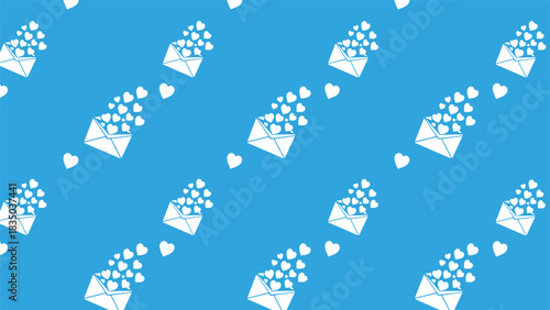 Seamless pattern of white envelopes overflowing with hearts on a blue background.