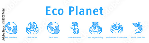 Eco Planet web banner icon vector illustration with icons of Safe the Planet, Global Care, Earth Heart, Planet Protection, Environmental Awareness, Our Responsibility, and Nature Protection.