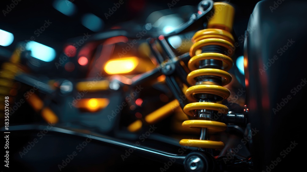 Naklejka premium Detailed close-up of a racing car's suspension system. Yellow coil spring, black elements