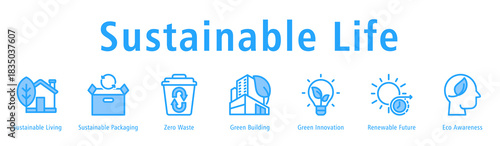Sustainable Life web banner icon vector illustration with icons of Sustainable Living, Sustainable Packaging, Zero Waste, Green Building, Green Innovation, Renewable Future, and Eco Awareness.