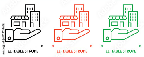 Real estate opportunity icon with hand holding city buildings and shop, a promising urban investment for the future, in black red and green.