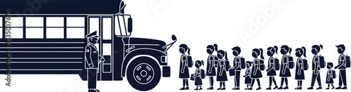 School bus with children and a uniformed driver in silhouette Keywords: school bus, children, students, driver, uniformed, queue