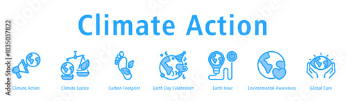 Climate Action web banner icon vector illustration with icons of Climate Action, Climate Justice, Carbon Footprint, Earth Day Celebration, Earth Hour, Environmental Awareness, and Global Care.