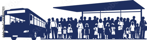 Silhouettes of a bus and a crowd of people waiting at a bus stop shelter on a white background