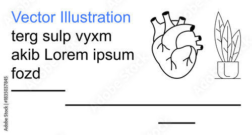 Medical concepts, graphic design, modern art, education, creative posters, office decor. Black outline of a human heart and potted plant with text placeholders. Medical and graphic design