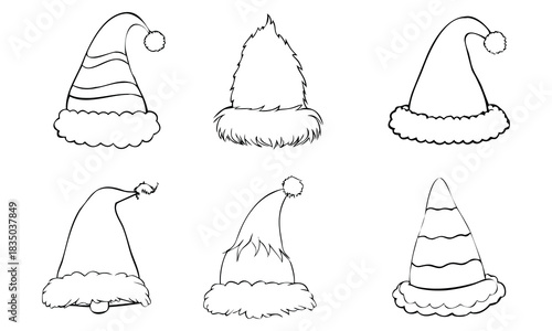 Christmas and Santa Claus Hat Black and White Outline Line Art Vector Set