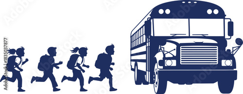Silhouettes of children running towards a school bus on a white background transportation travel
