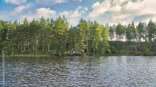 Sunbeams through clouds over a calm lake with reflection and natural scenery