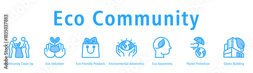Eco Community web banner icon vector illustration with icons of Community Clean Up, Eco Volunteer, Eco-Friendly Products, Environmental Awareness, Eco Awareness, Planet Protection, and Green Building