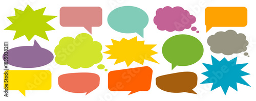 A simple design set of colorful message comment chat boxes. A collection of comic and social media speech bubbles, text boxes, and chat boxes. A vector set of comic and social media speech bubbles.