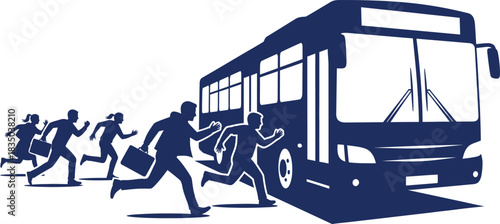 Silhouettes of People Running Towards a Bus on White Background transportation
