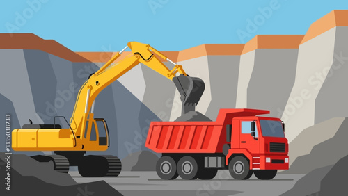 Excavator Loading Minerals into Dump Truck at Quarry Site