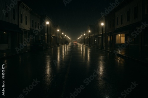 Fototapeta Naklejka Na Ścianę i Meble -  Empty rainy street at night with glowing streetlights reflecting on wet asphalt in a dark small town atmosphere, cinematic style background concept. Ai generative