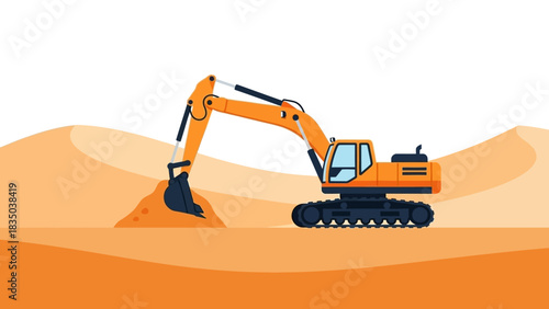 Powerful heavy equipment excavator diligently working on a construction site, digging and moving sand in a desert environment, showcasing industrial machinery in active operation