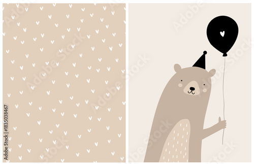 Brown Bear Illustration And Heart Seamless Vector Pattern. Cute bear with party hat and balloon on beige background. Endless print with white hearts. Ideal for kids’ designs, greeting cards.