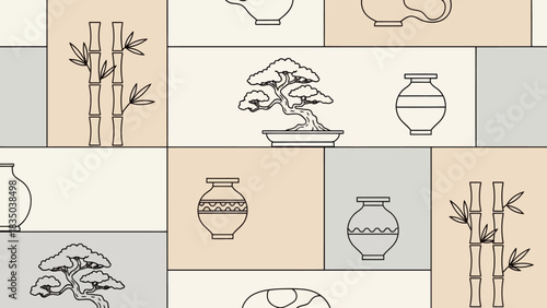 Seamless pattern with traditional Japanese and Asian elements like bonsai trees, bamboo, and ceramic vases in a minimalist line art style.