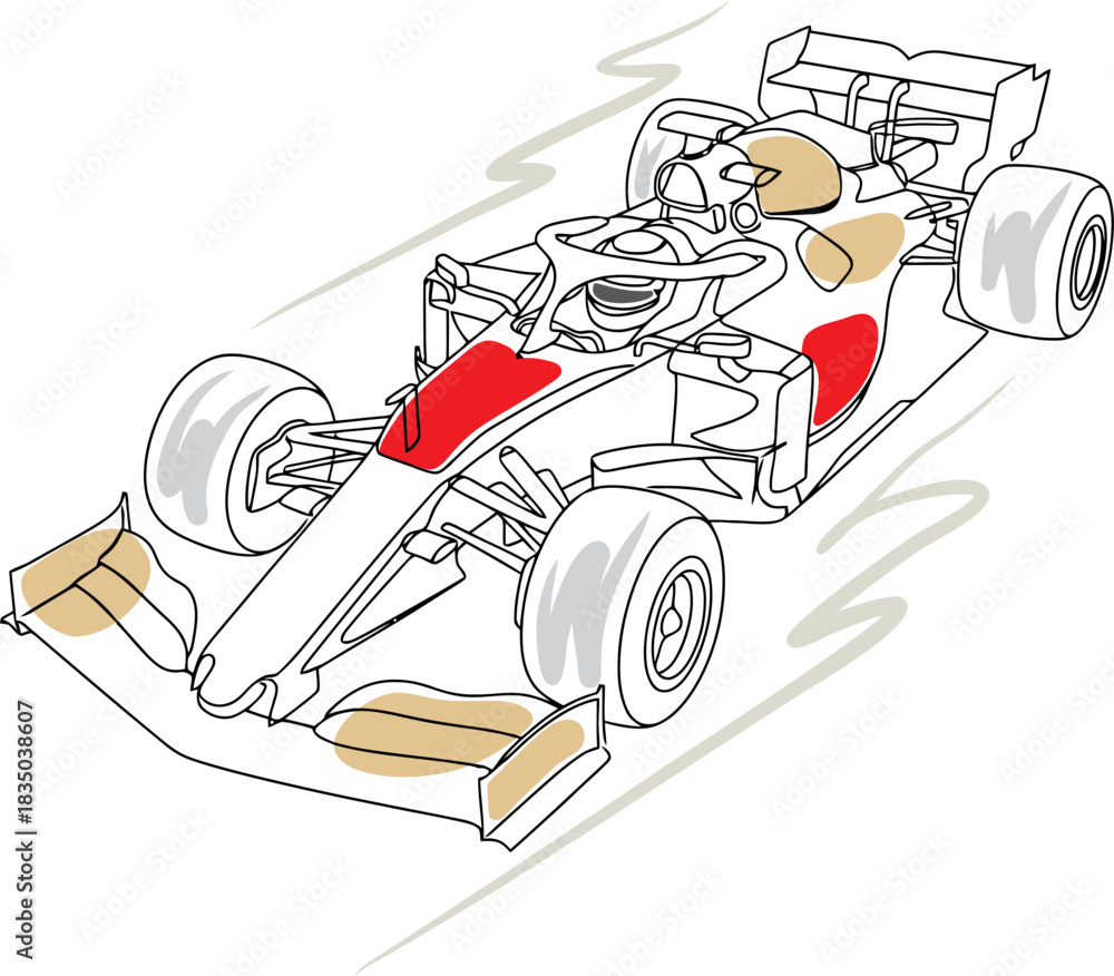 Naklejka premium Detailed Line Art Vector Illustration of a Formula One Racing Car Speeding