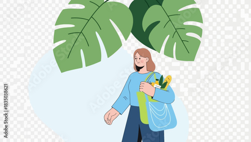 A woman carrying a reusable shopping bag with groceries under large green leaves, promoting sustainable living.