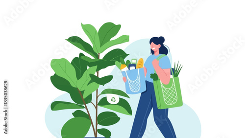 Woman carrying reusable bags with groceries, promoting sustainable shopping and an eco-friendly lifestyle with a large green plant.
