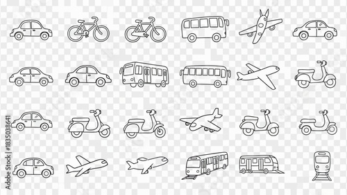 A collection of hand-drawn outline icons depicting various modes of transport including cars, bicycles, buses, airplanes, scooters, and trains on a transparent background.