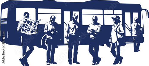 Silhouettes Of People Standing Near A Bus On White Background transportation