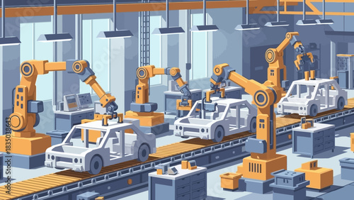 Modern Automotive Manufacturing Factory with Advanced Robotic Arms on an Assembly Line, Showcasing Efficient Industrial Automation and Production Process