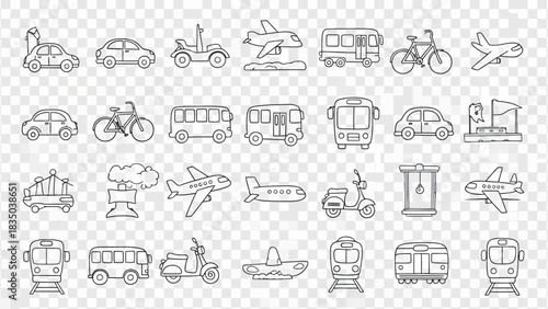 Outline icons of various transportation modes including cars, bikes, buses, airplanes, trains, and scooters on a transparent background.