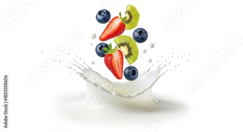 Fototapeta Naklejka Na Ścianę i Meble -  Assorted fruits falling into milk creating a splash on a white background in a studio shot
