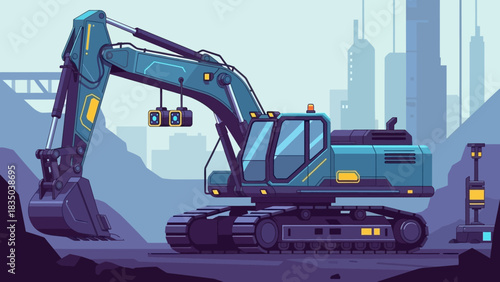 Powerful Teal Excavator Operating in a Modern Industrial Landscape Heavy Equipment Dynamically Digging and Shaping the Urban Construction Site