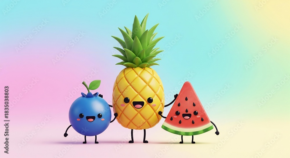 Naklejka premium A cartoon image of a blueberry, a pineapple, and a watermelon standing together on a gradient background