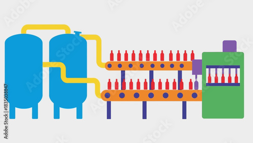 Industrial liquid bottling and packaging production line with tanks and conveyor system