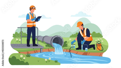 Flat Illustration of two environmental field technicians conducting water quality analysis near a small riverbank