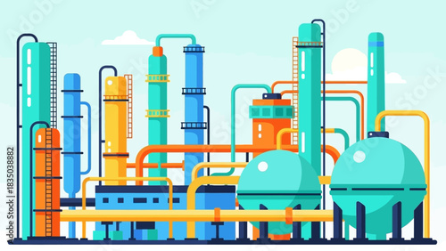 Industrial plant with chemical processing equipment and storage tanks illustration