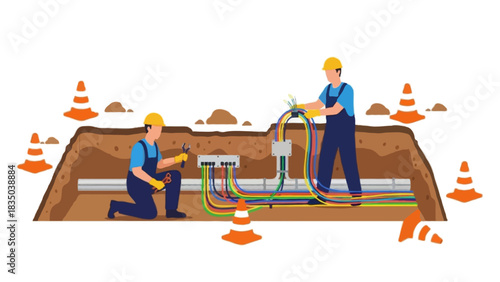 Flat vector illustration Faceless technicians installing fiber optic cables inside a dug-out pit