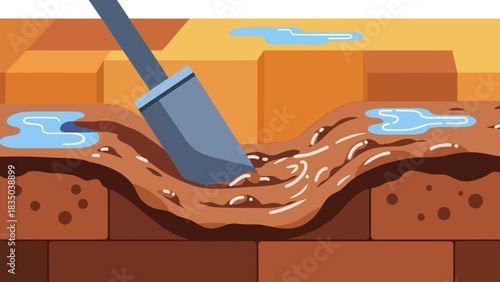 Shovel vigorously digging and stirring wet, viscous mud, forming a channel for ground preparation. The disturbed earth reflects the effort of excavation