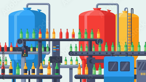 Automated Beverage Bottling Process Vibrant illustration of a modern industrial factory with colorful tanks and bottles on conveyor belts, for efficient manufacturing