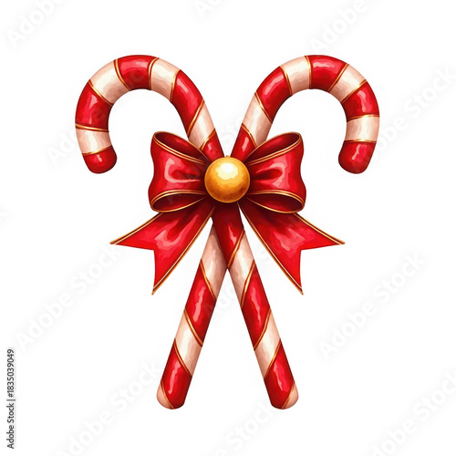 Festive candy canes with a red bow and golden center ornament, symbolizing christmas celebration and holiday cheer in a stylized illustration. isolated on transparent background