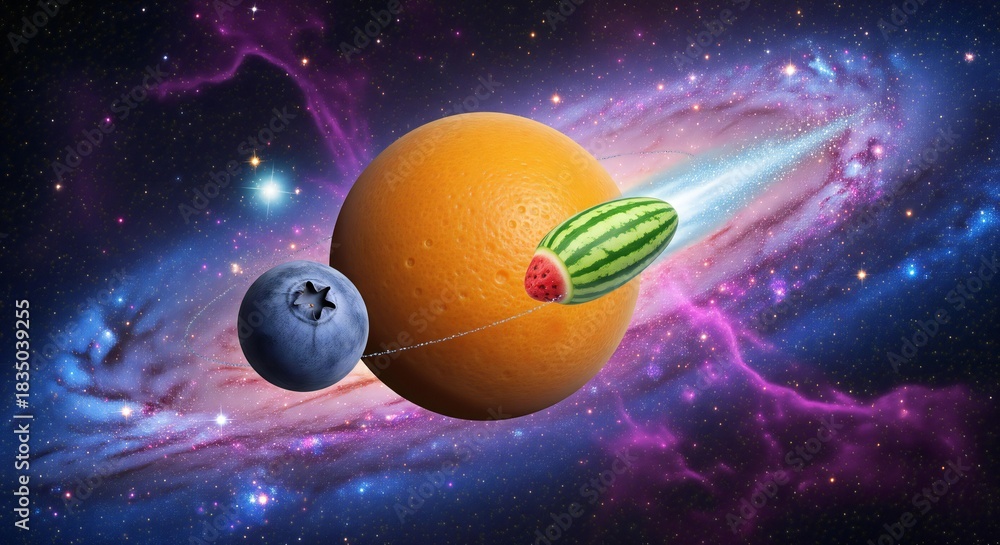 Naklejka premium A cosmic scene featuring an orange planet, a blueberry moon, and a watermelon comet in space