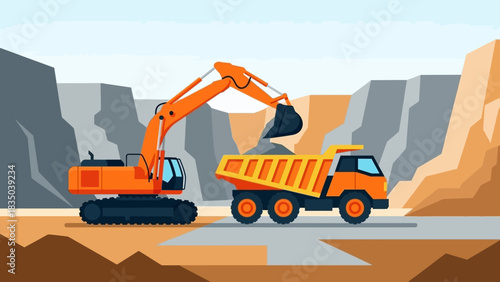 Construction site scene with excavator loading dirt into a dump truck