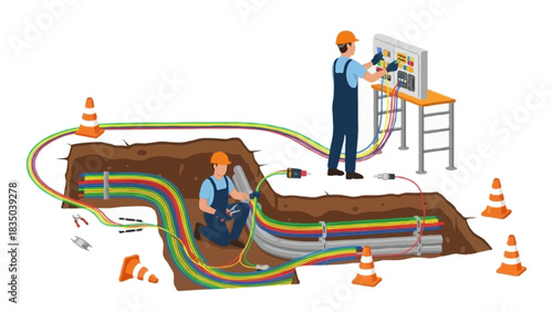Flat vector illustration Faceless technicians installing fiber optic cables inside a dug-out pit